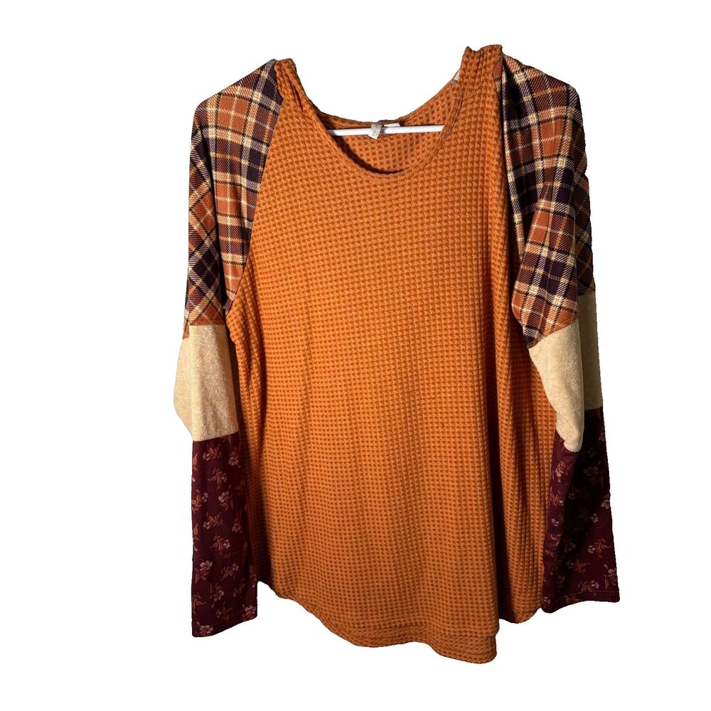 Cato Sweatshirt Women's Large Orange Thermal Hoodie Patchwork Casual Boho